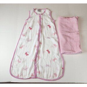 Aden by Aden Anais cotton muslin sleep sack Pink butterfly M 6-12  Bonus blanket
